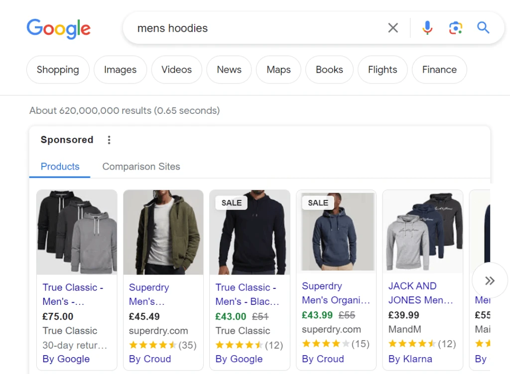 Example Google Shopping product adverts in search results